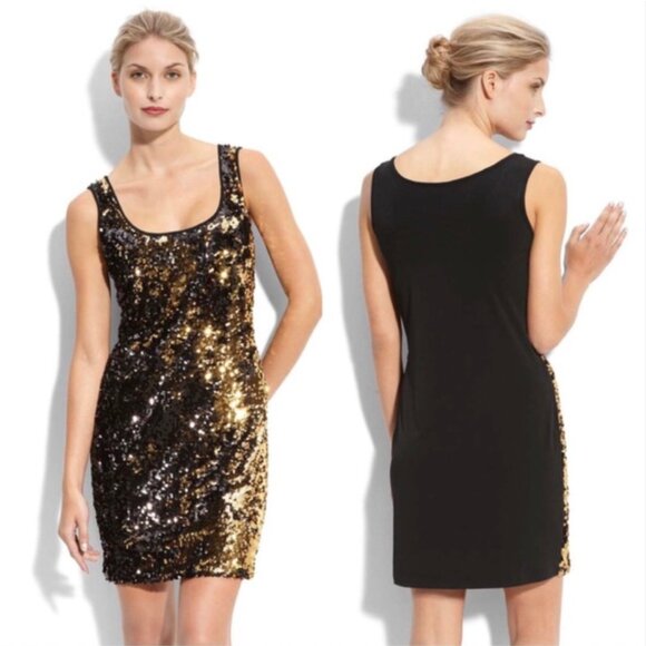 Calvin Klein Black Gold Sequined Shift Tank Dress Clubwear Party Cocktail Sz 8 - Picture 1 of 5